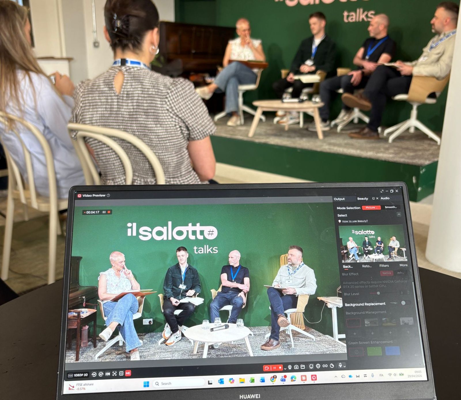 The BCO Scotland Green Days panel on the Il Salotto talks stage, and the live stream on a laptop